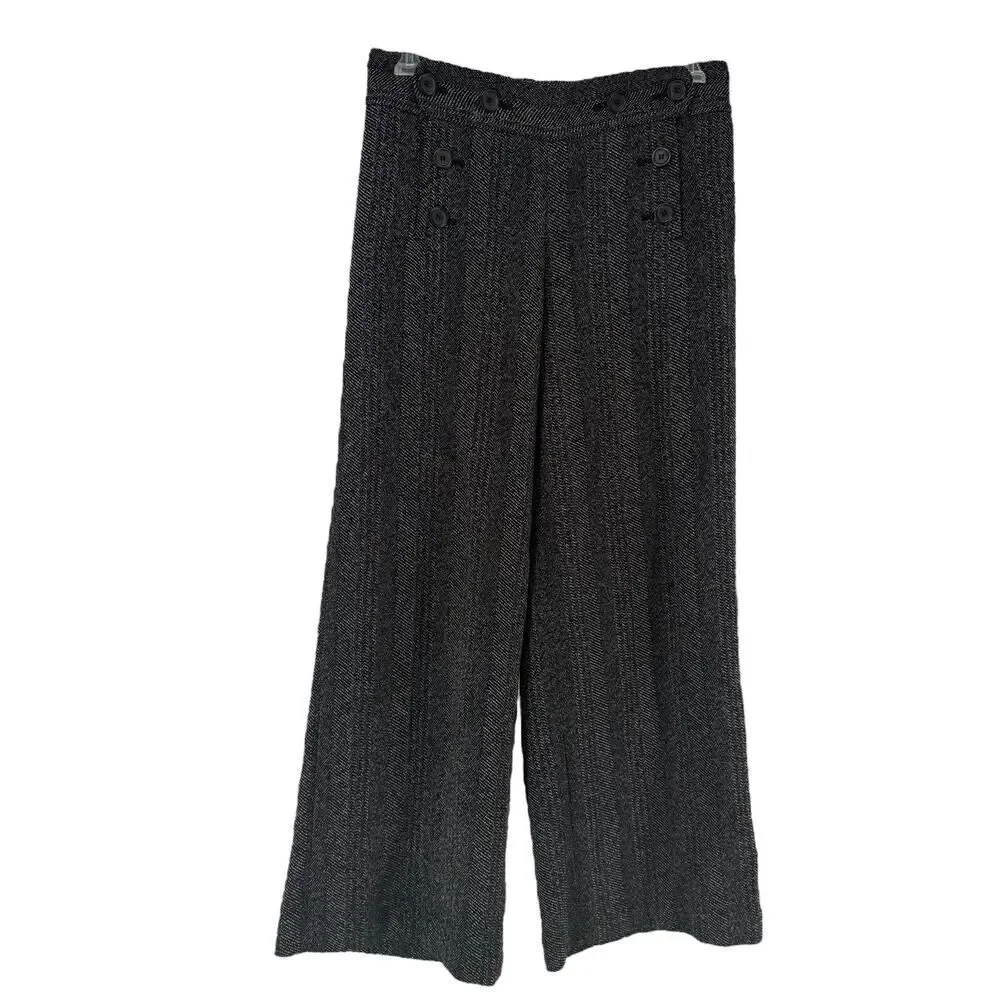 Max Studio Wide Leg Trouser Pants Womens Size 8 Black Sailor Button Career Tweed